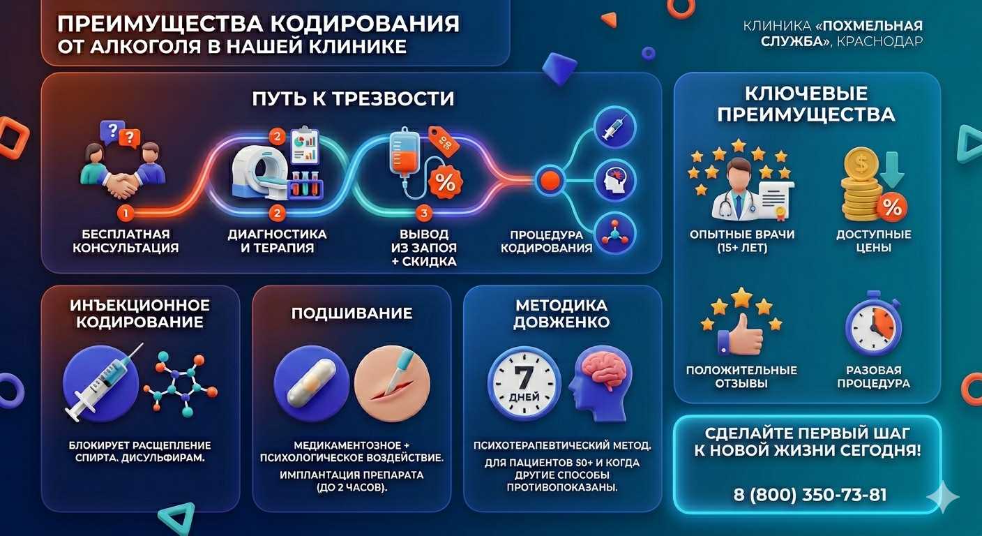 Инфографика о методах кодирования от алкоголя в Чкаловске: инъекции, подшивание, метод Довженко. Преимущества клиники и этапы лечения.